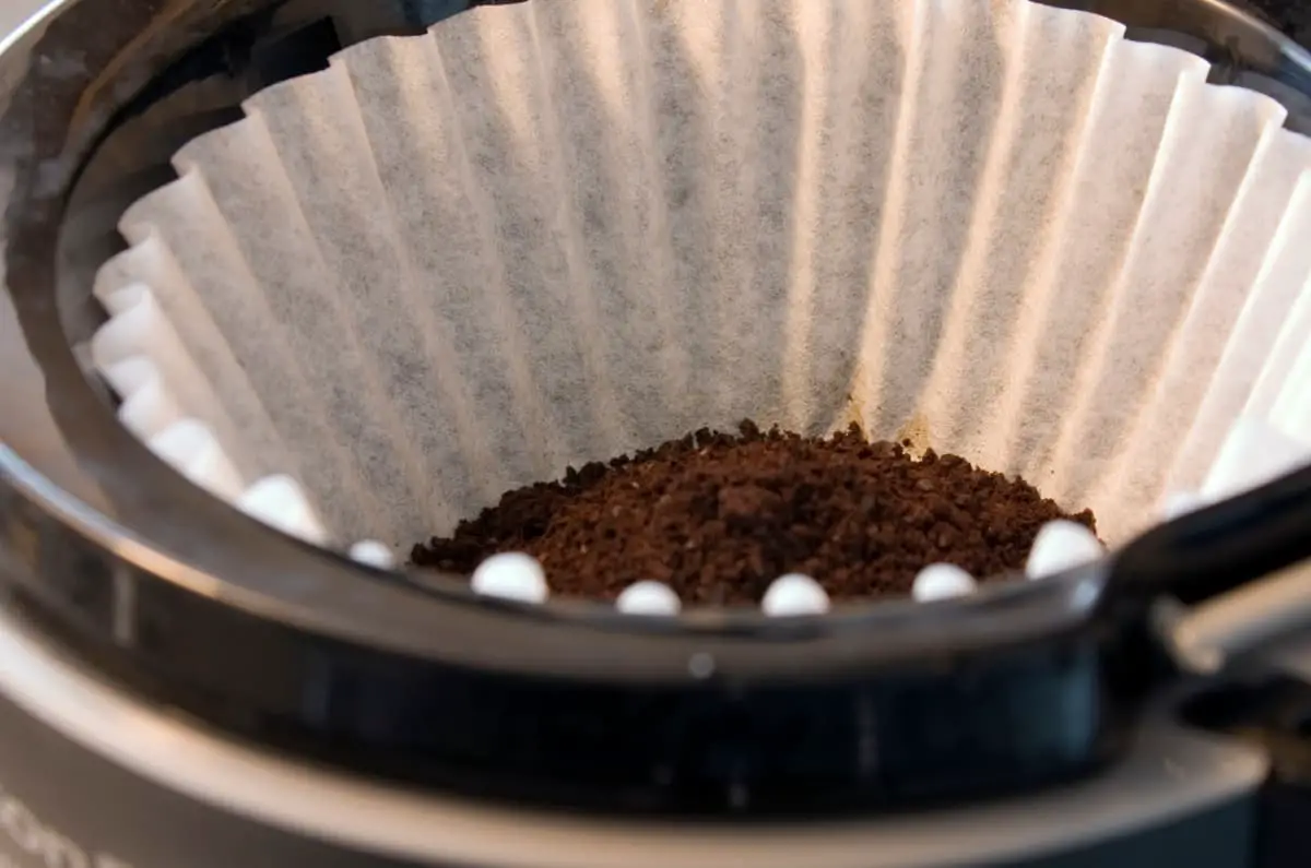 Over the top view of coffee filter containing coffee