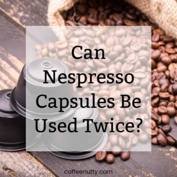 nespresso capsules lying on table with coffee beans and burlap bag