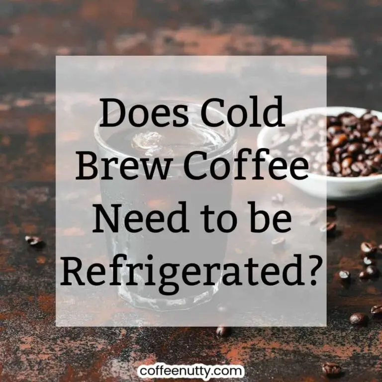 glass of cold brew coffee on the counter by a container of coffee beans with text overlay describing photo