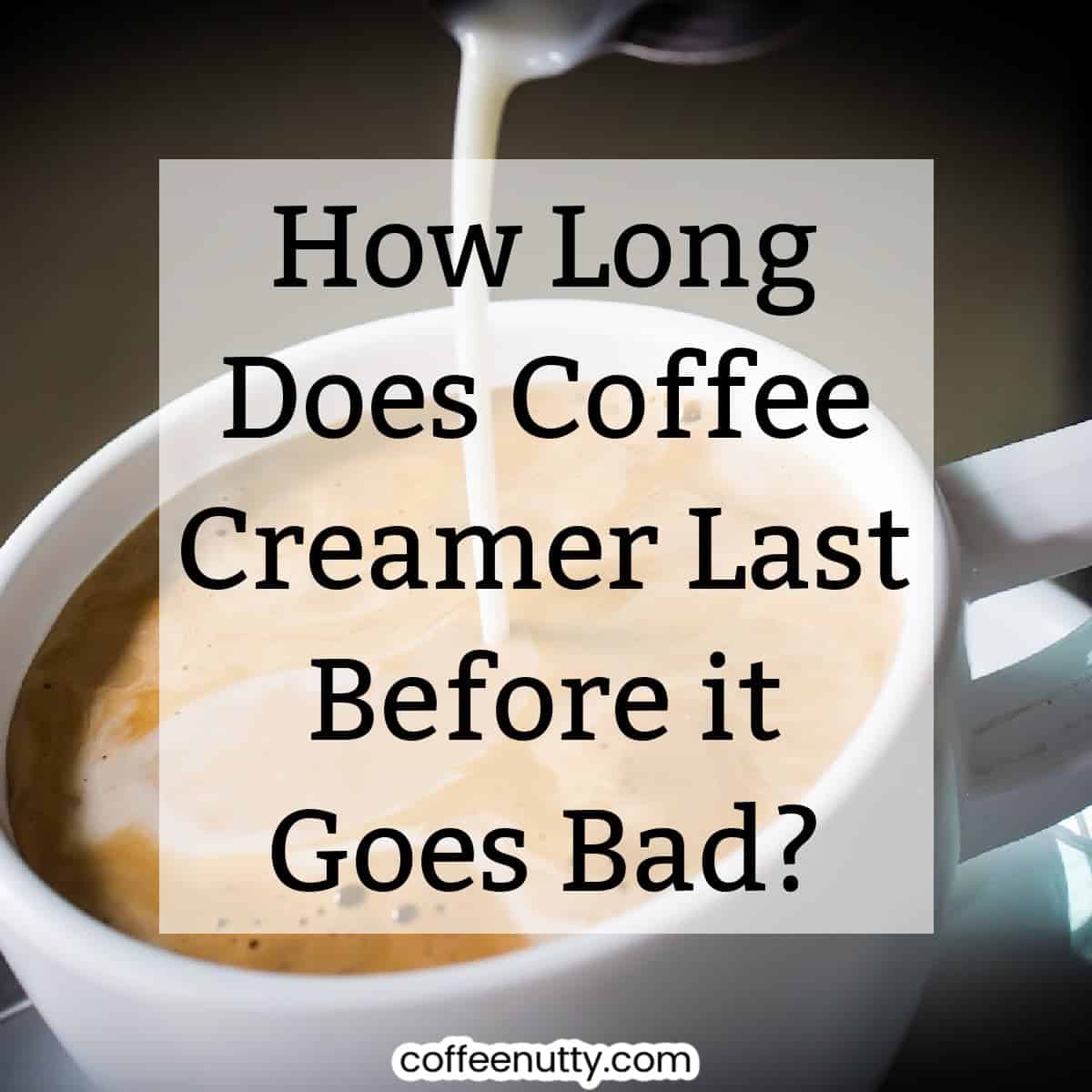 Coffee creamer pouring into mug of coffee with text written over it.