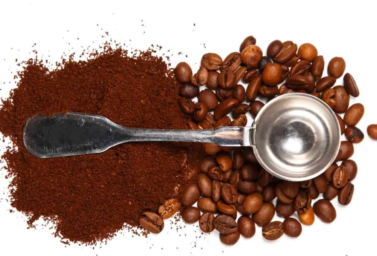 2 tablespoon silver coffee scoop on ground and whole bean coffee.