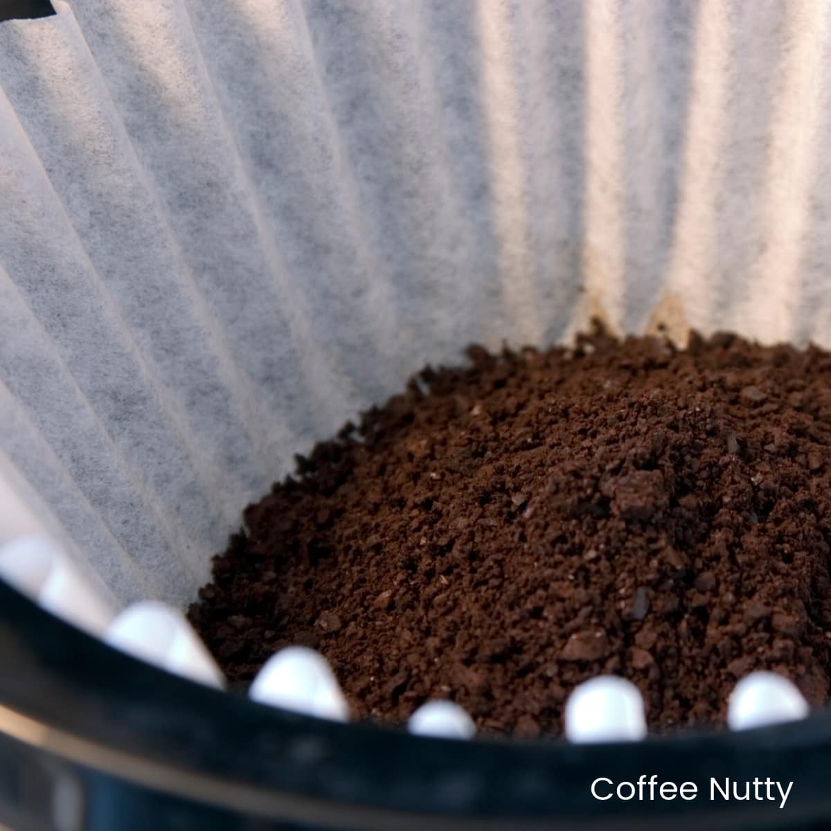 Coffee filter with dry coffee grounds for small pot of coffee.
