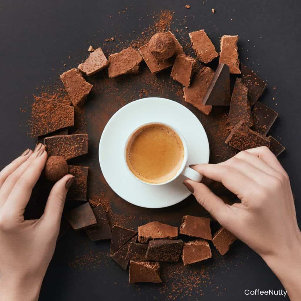 Woman holding handle of coffee mug sitting on saucer surrounded by chocolate pieces on table.