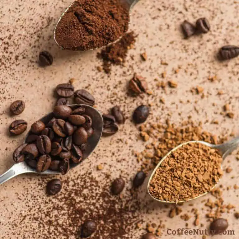 Instant coffee, ground coffee, and coffee beans in spoons sitting on table.