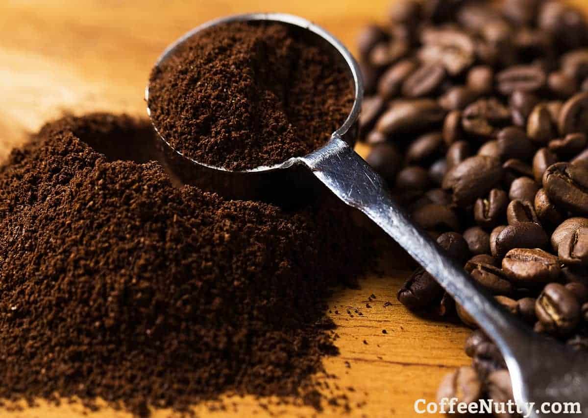 Coffee scoop filled with instant coffee powder beside whole coffee beans.