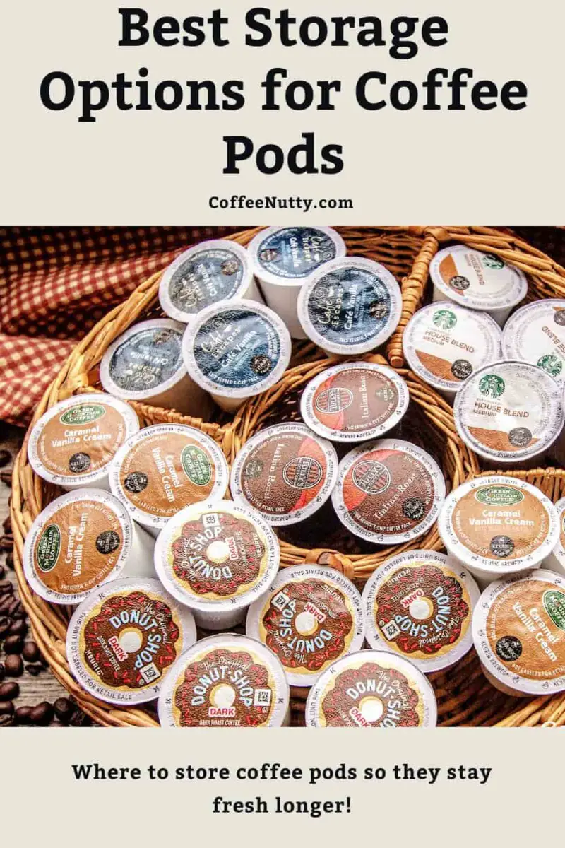 Pinterest pin that reads "best storage options for coffee pods" with image of coffee pods in basket.