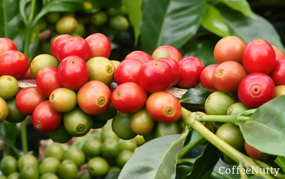 Close up of green and red coffee cherry fruit on plant.