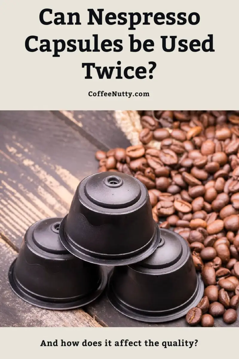 Nespresso capsules on wood table by coffee beans.