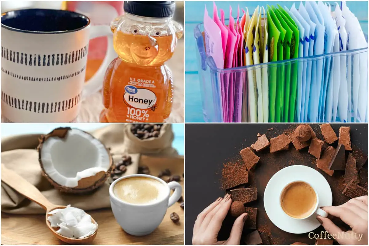 Honey, artificial sweeteners, coconut, and cocoa in coffee.