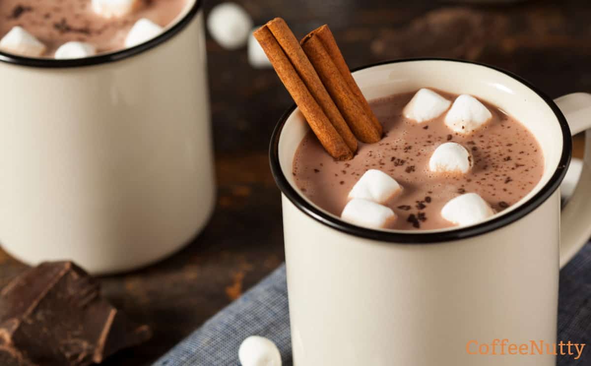Mug of hot cocoa with marshmallows and cinnamon on a table with chunks of chocolate.