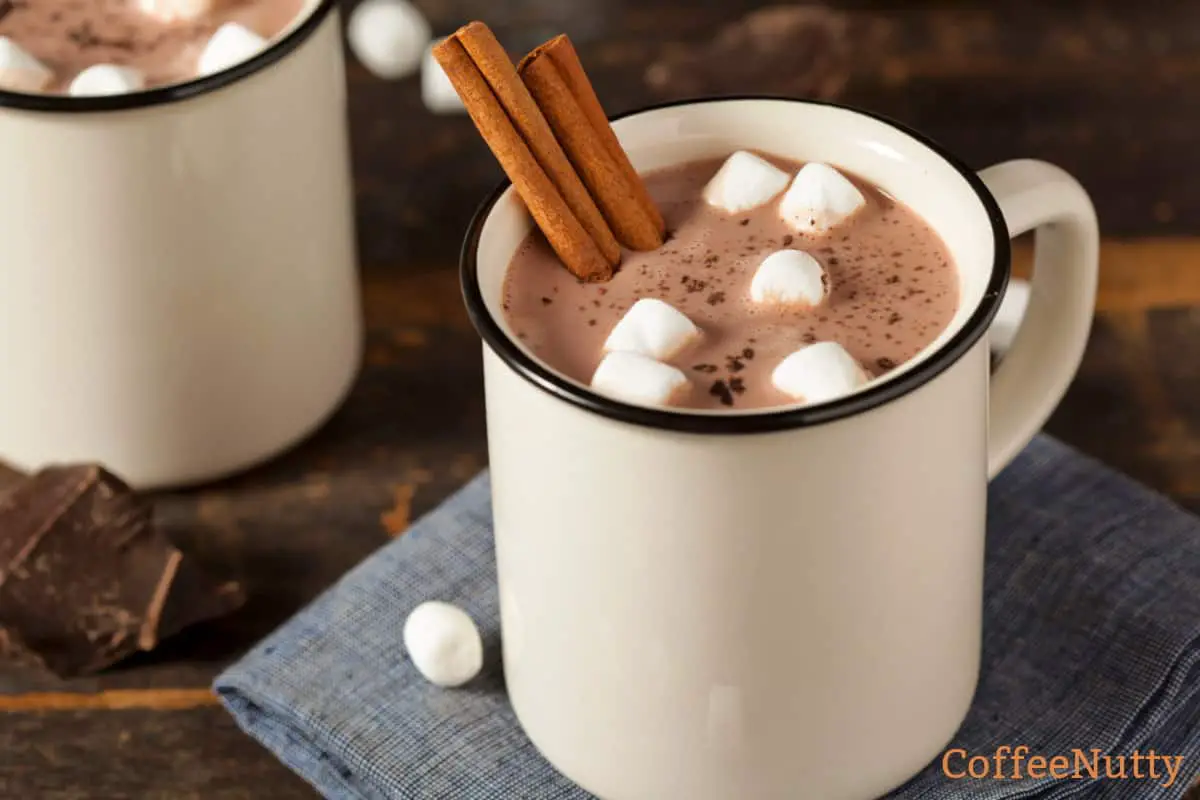 Cup of hot cocoa in white mug with cinnamon sticks and marshmallows.
