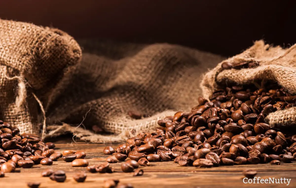 Coffee beans poured on wood counter from burlap bags-half caff coffee.